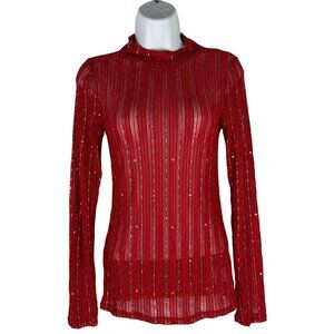 Blueb Collection Red Long-Sleeve Sheer Top With Gold Accents - Size S